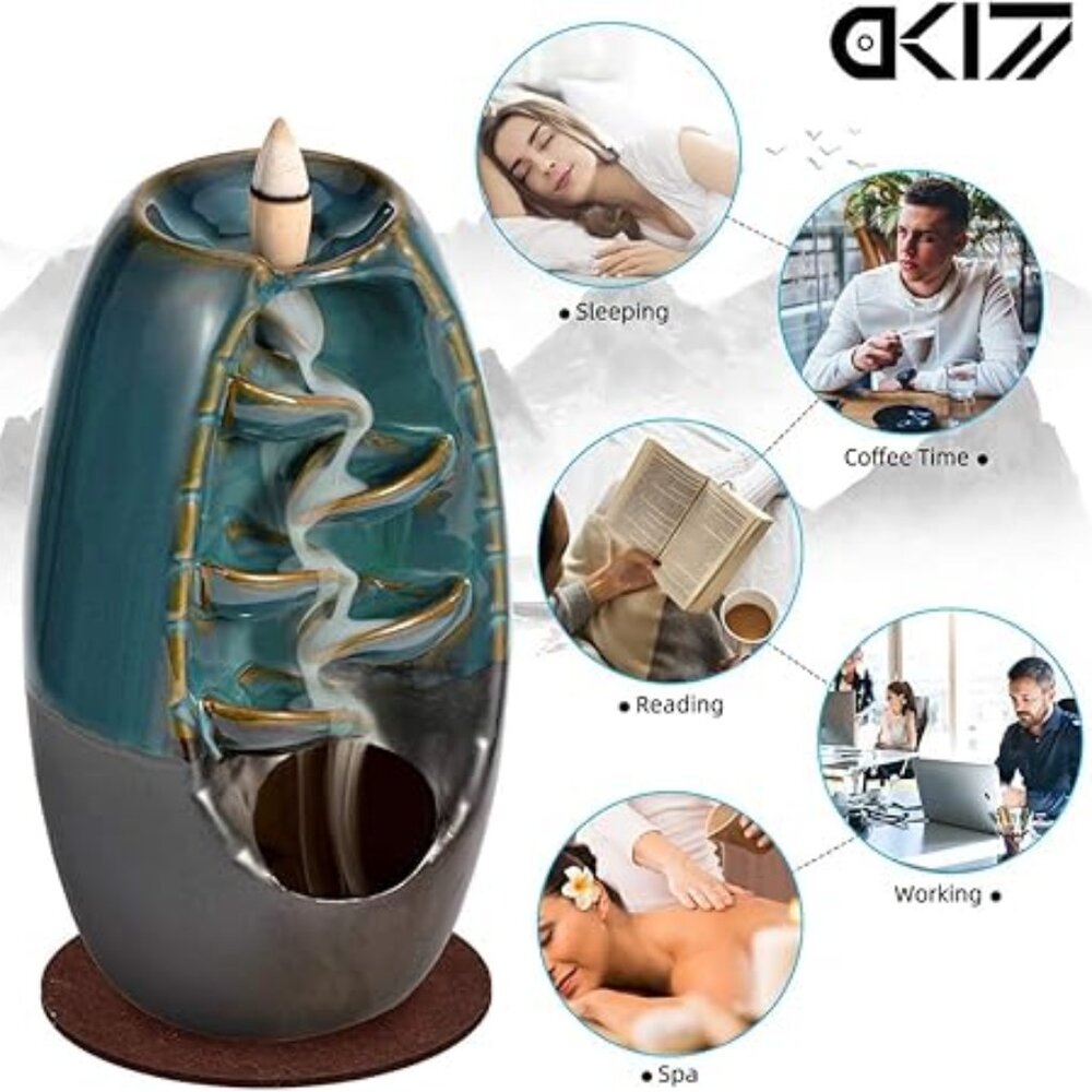 Waterfall Incense Holder Backflow Cone Ceramic Burner Handcrafted Porcel…